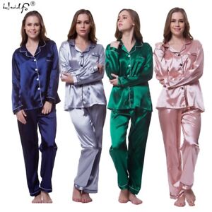 Women's Satin Pajama Set Classic Button Down Loungewear Long Sleeve Sleepwear Pj