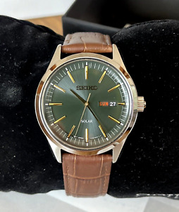 SEIKO Solar Green Dial ESSENTIALS Brown Leather Men's Watch - SNE529 MSRP: $240