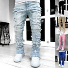 Men Trousers Individual Patched Pants Long Tight Fit Stacked Jeans Clot