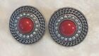 Celtic Southwest Earrings Red Cabochon Silver Tone Clip-On