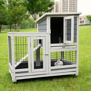 Outdoor Rabbit Hutch Small Animal House Rolling Bunny Cage with Removable Tray