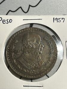 Large Brilliant Uncirculated Morelos Un Peso Silver Coin Mexico 1957-1967