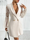Apricot Contrast Lace Lantern Sleeve Double Breasted Blazer Dress Sz XS S M L XL