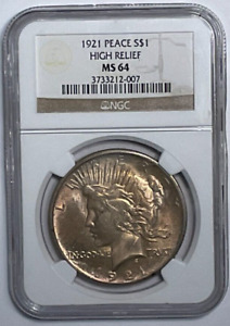 1921 $1 Peace Silver Dollar NGC MS64, High Relief Key Date Peace Dollar