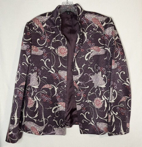 Linda Allard Ellen Tracy Blazer Womens  16 Purple Floral Cotton Silk Open Front