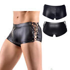 Men's Zipper Crotch Faux Leather Hot Pants  Hollow Out Lace-up Shorts Nightclub