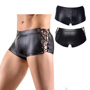 Men's Underwear Faux Leather Hot Pants Hollow Out Lace-up Shorts Sexy Briefs