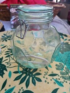 Rare Hermetic Blueish Green Tint Octagonal Shaped Glass Jar w/ Wire Bail Italy