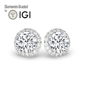 Round 6ct Solitaire Halo 18K White Gold Studs Earrings, Lab-grown IGI