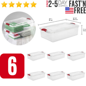 Set of 6 - 32 Qt Clear Plastic Stackable Storage Box w/ Red Latch Lid, US Stock