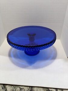 VTG LE SMITH Glass Cobalt Blue Hobnail Pedestal Cake Stand  11