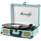 Record Player with Speakers 3-Speedtooth Suitcase Portable Vinyl Record Blue
