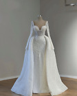 White Wedding Dresses With Detachable Train Mermaid Pearls Wedding Gowns