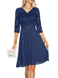 Elegant Womens V Neck Lace  3/4 Sleeve Skater Dresses Ladies Evening Party Gowns