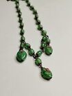 Vintage Antique Murano Green Art Glass Beads Pink Roses Triple Drop Necklace Old