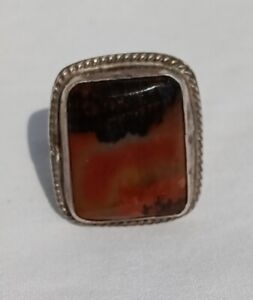 Vintage Navajo Old Pawn Sterling Silver Petrified Wood Ring Size 11