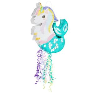 Small Unicorn Mermaid Pull String Pinata for Girls Birthday Party, 16.5x13x3 in