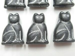 Glass Cat Beads Black w White Accents 20mm Sitting Cat Engraved Czech Glass 6pc