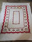 Vtg Cutter Christmas Tablecloth Stains Stocking Sleigh Fireplace 68x57