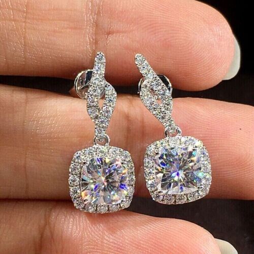 Cushion Natural Moissanite Drop/Dangle Woman's Earrings 14K White Gold Plated