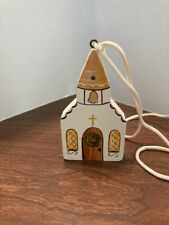 Christmas-Signed Handmade wooden church necklace w/tiny nativity NIB-'90