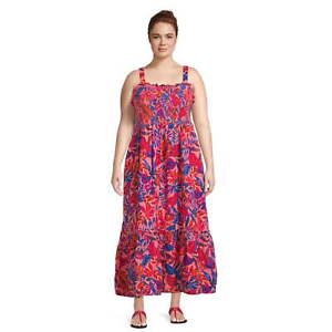 Terra & Sky Women's Plus Tropical Summer/Coral Rose Smock Midi Dress MANY SIZES