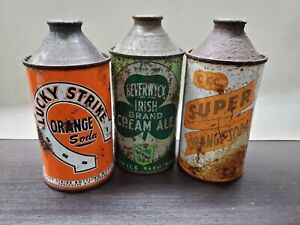 VERY RARE 3 GENUINE 1940's Cone Top Beverage Cans: Lucky Strike, C&C, Beverwyck