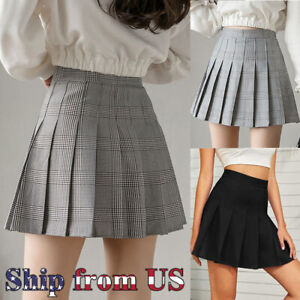Women Lady Basic Mid Waist Mini Flared Pleated Skater Short Skirt Dress Clubwear