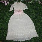 Antique Edwardian 1910s Lawn Lace Dress Gown Pink Silk Belt Embroidery Victorian