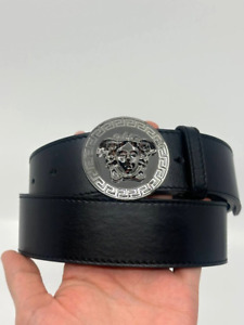 Authentic Silver Round Medusa Buckle Black Leather Men's Versace Belt