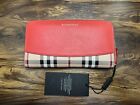 BURBERRY LEATHER & HAYMARKET CHECK ZIP AROUND WALLET - CORAL RED - NEW WITH TAGS