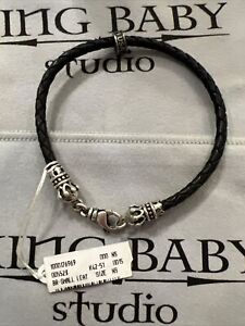King Baby Studio Small Leather Braided With Crown And Heart Accents Silver .925