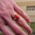 Vintage Round Salmon Red  Coral on Silver 925 Gold Ring- Size 7,5 USA