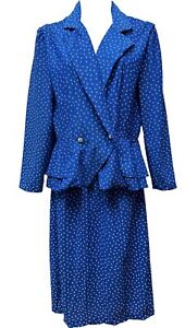 Vtg 80s Women's 12 Blue Geometric Dotted  Polyester Peplum Jacket Skirt Suit Set