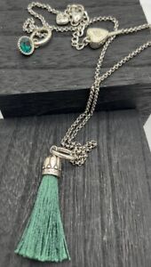 BRIGHTON Tassel Silver GREEN Long Necklace LOGO