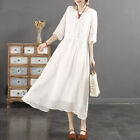 Lady Ruffle Midi Dress Cotton Linen Half Sleeve Asian Waist Belt A-line Dress