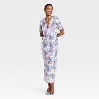 Women's Crepe Puff Short Sleeve Midi Dress - A New Day Blue Floral M