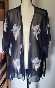 I Joah Womens Sheer Kimono Duster Sz L Navy Desert Floral Cow Skull Southwestern