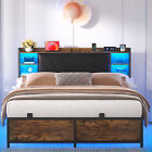 Queen Size Bed Frame Metal Platform Bed with LED ＆ Upholstered Storage Headboard