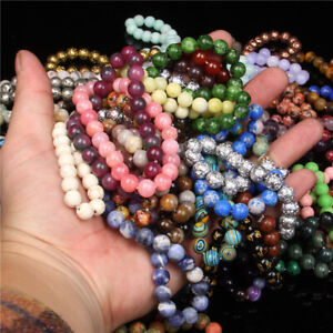 Wholesale Lots 15 Pcs Mix 4/6/8/10mm Natural Stone Elasctic Rope Beaded Bracelet