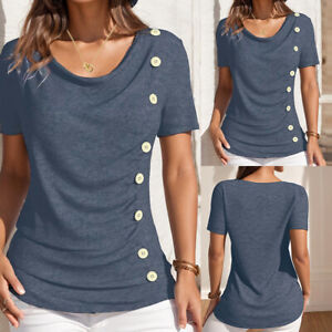 Women's Short Sleeve Summer T-Shirt Button Crew Neck Casual Blouse Shirt Tops