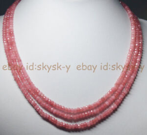 Natural 3 Rows 2x4mm Faceted Pink Rhodochrosite Rondelle Beads Necklace 18-20''