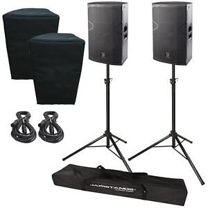 (2) DAS Vantec 15A 15” Two-Way Powered Speakers with Stands and Covers