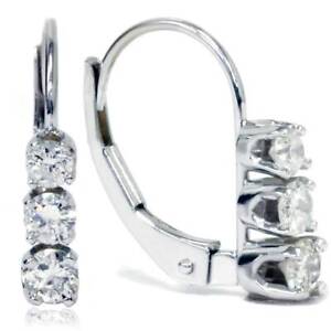 1/2ct TW 3-Stone Real Diamond Women's Lever Back Earrings 14K White Gold