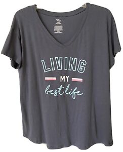 Womans Sleep Shirt Sz M 10-12 Gray V Neck Soft Tee “Living My Best Life”