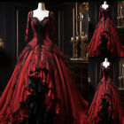 Red Gothic Satin Wedding Dresses Long Sleeves Black Lace High Low Bridal Gowns
