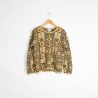 Vintage Cotton Knit Cardigan Sweater Womens Medium  Brown Abstract Pattern Retro