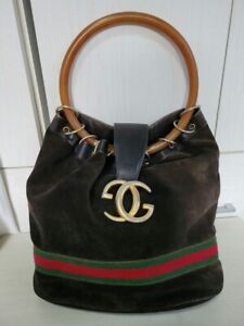 GUCCI Rare Suede Italy Black Sherry Line Gold Hardware Hand Bag From Japan