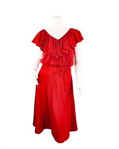 Vintage 1970's Red Blouson Disco Dress Ruffle V-Neck Women's Sz Small (579)