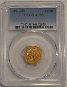 New Listing1914 D PCGS AU58 $2.50 Gold Indian $2  1/2 Better Date